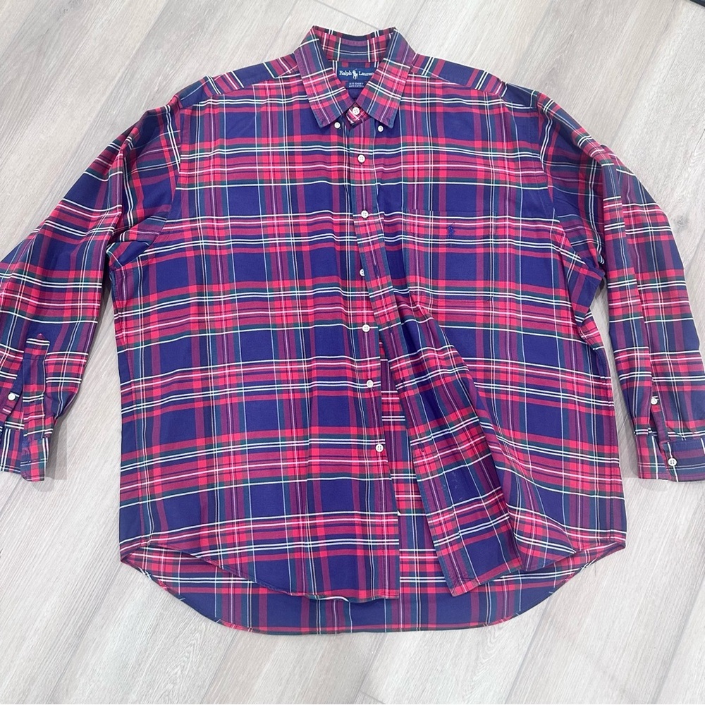 Ralph Lauren BIG Shirt button down red navy blue plaid XL